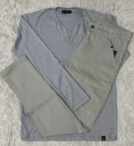 Kit Camisa Longa e Calça Sarja Cinza