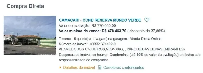 LEILAO CAIXA VENDA DE TERRENO 300M COND RESERVA MUNDO VERDE