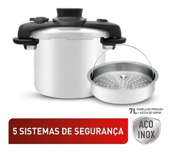 Panela de Pressão Tefal Opti'Space Inox 7L com Fundo Triplo e Cesto de Vapor