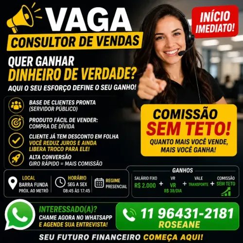Consultor de Vendas | Comissão Sem Teto + Base Pronta