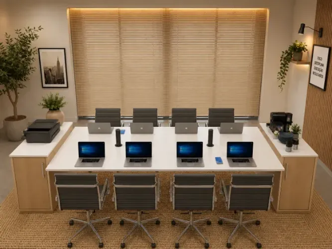 Mesa de Reunião Corporativa Com Torres de Tomadas: L344cm x L100cm x A90cm.
