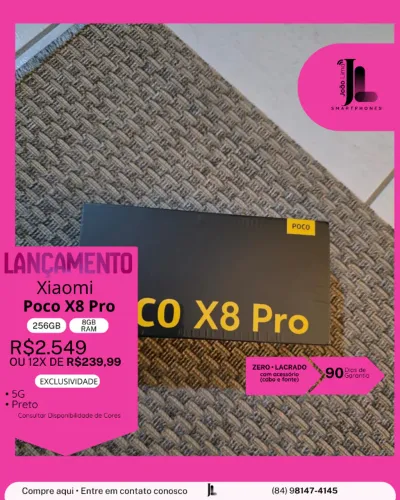 POCO X8 PRO, 5G, 256GB, 8GB RAM, LACRADO(CABO E FONTE), LANÇAMENTO!