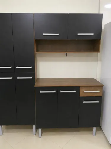 Armário de Cozinha Completo Preto e Amadeirado - Ótimo Estado