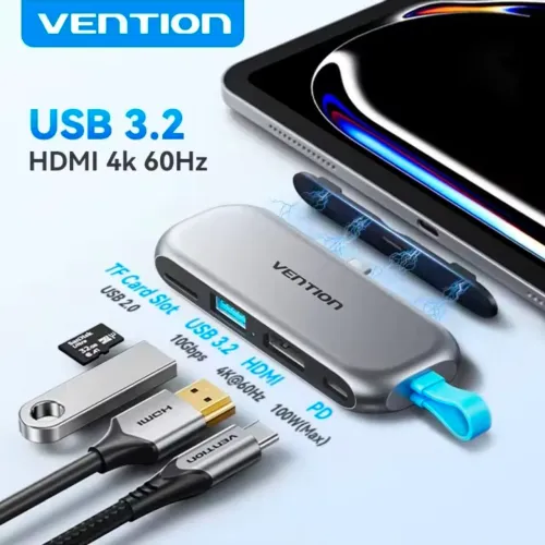 Hub Vention 4 em 1 portátil usb 3.2 gen2 4k @ 60hz hdmi pd 100w