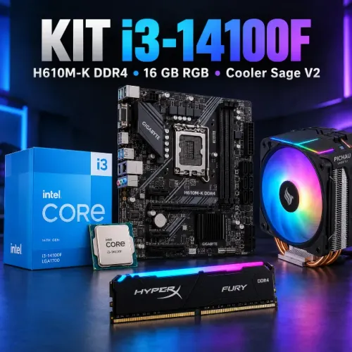 Kit I3 14100F+ MB H610M + 16 GB RAM DDR4 KINGSTON RGB + COOLER SAGE V2