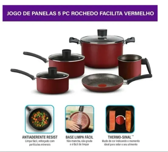 Rochedo Jogo de Panelas Facilita Vermelho 5 Peças Antiaderente Resist com Thermo-Sinal