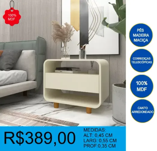 Mesa de cabeceira off 100% mdf com uma gaveta - montagem gratuita
