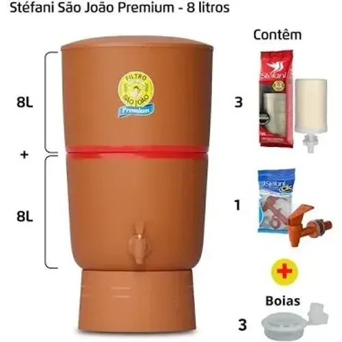 Filtro de Barro para Água São João Premium 8 Litros 3 Velas + 3 Boias - Cerâmica Stéfani