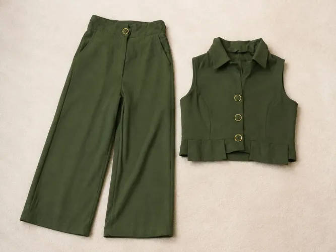 Conjunto verde-oliva. O salto preto vai no conjunto