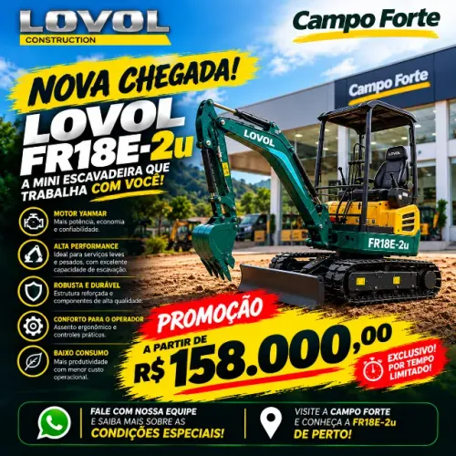 Mini Escavadeira Hidráulica Lovol FR18E2-U 1.810 kg - Compacta e Econômica