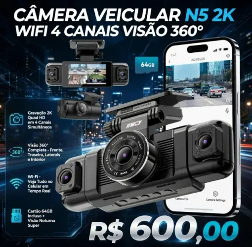 Câmera Veicular N5 2k Wifi 4 Canais Visão 360° Cartão 64gb