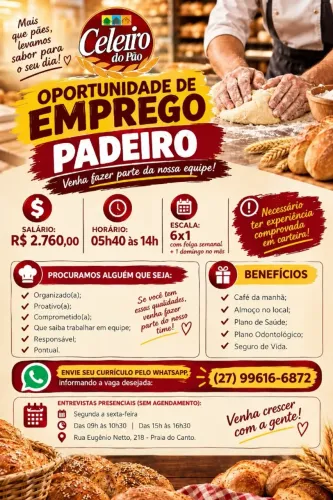 TEMOS VAGAS: PADEIRO E AUXILIAR DE PADEIRO