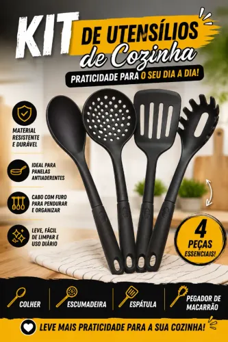 Kit de Utensílios de Cozinha 4 Peças - Resistente e Ideal para Panelas Antiaderentes