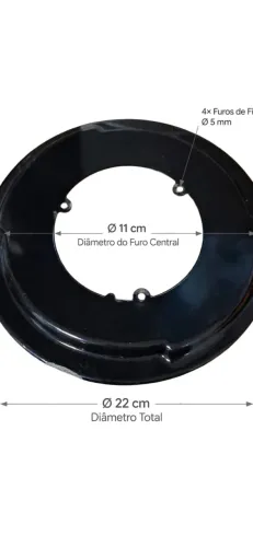 Prato base para queimador de fogão em aço esmaltado preto com acabamento brilhante.