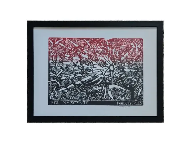 Pablo Borges, Xilogravura Original, 53x71cm, Sol Nascente, Assinada e Datada, com Moldura.