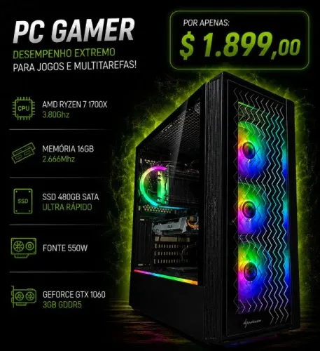 CPU Gamer Ryzen 7 1700X 3.80Ghz / Mem 16Gb / SSD 480Gb / GTX 1060 3Gb (aceito cartão)