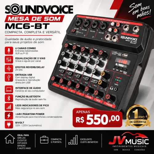 Mesa de Som Soundvoice MC6-BT 6 Canais Bluetooth USB