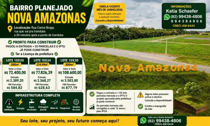 Aqui no Nova Amazonas 1 e 2 você adquire seu lote sem consulta SPC/SERASA e sem comprovaçã
