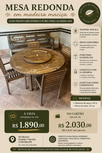 MESA REDONDA EM MADEIRA MACIÇA COM PRATO GIRATÓRIO