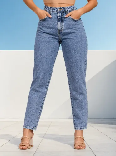 Calça Mom Jeans Feminina Cintura Alta Marmorizada
