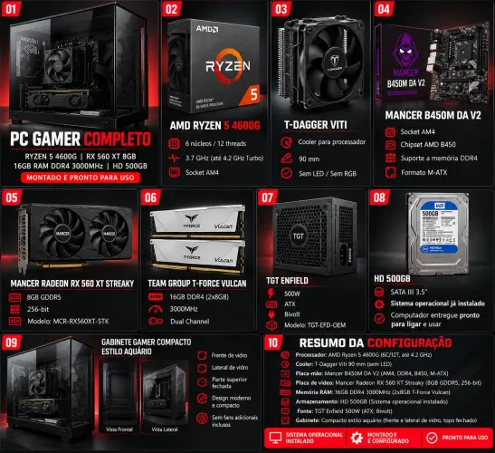 PC Gamer Ryzen 5 4600G + RX 560 XT 8GB + 16GB RAM DDR4 + HD 500GB