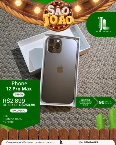 IPHONE 12 PRO MAX, 5G, 256GB, GRAFITE, BAT 100%, SEMINOVO, EXCLUSIVO!
