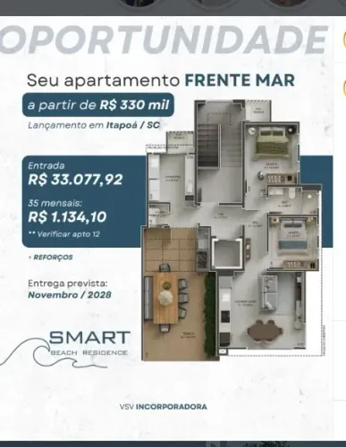 Apartamentos 1 e 2 quartos, a 20m da praia em Itapoá
