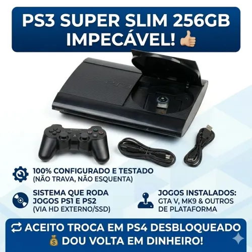 PS3 SUPER SLIM DESBLOQUEADO- HEN VÁRIOS JOGOS- COM UM CONTROLE. RODA PS1 E PS2