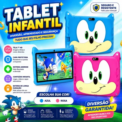 Tablet Infantil do Sonic 64GB com Capa | PRONTA ENTREGA