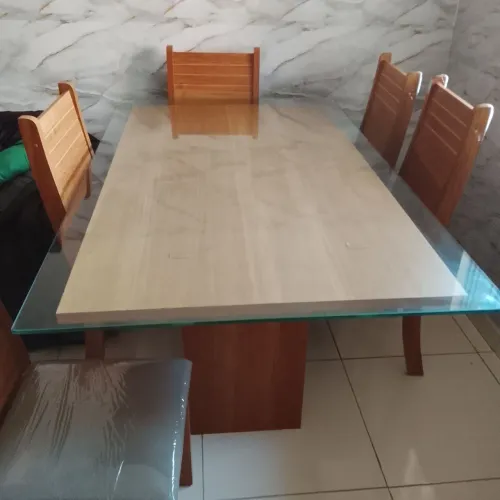 MESA MADEIRA 6 CADEIRAS TAMPO DE VIDRO