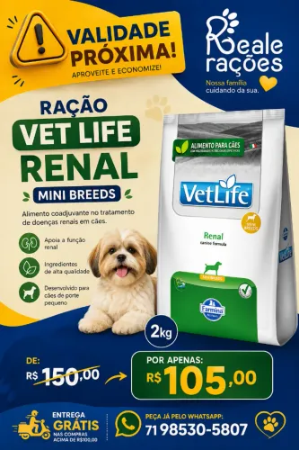 Ração cães Vet Life Renal Mini Breeds 2kg + entrega grátis