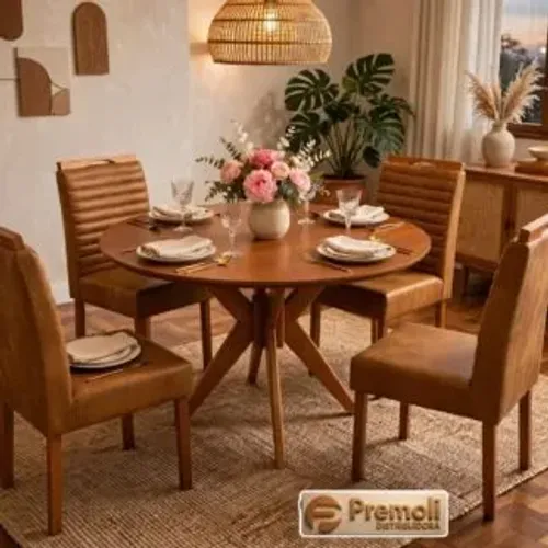 Mesa Italia 120X120 Em Madeira Maciça C/Vidro 4 Cad. Pérola Linho Bege