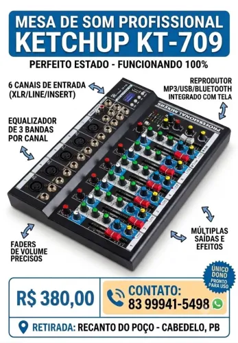 Mesa de Som Ketchup KT-709 - 7 Canais com Bluetooth e USB (Funcionando 100%)