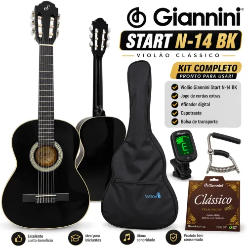 Violão Start Gianini N-14 BK Nylon + Kit Completo (Afinador, Capotraste e Extras)