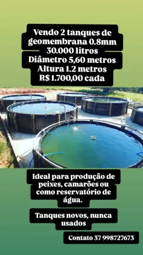 Tanques de geomembrana 30 mil litros (produção de peixes, camarões ou como reservatório)