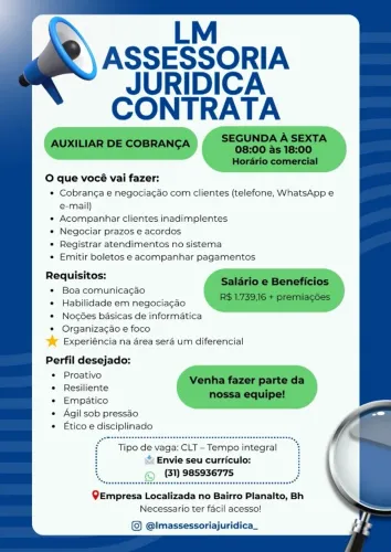 OPERADOR DE COBRANÇA DE SEGUNDA A SEXTA.