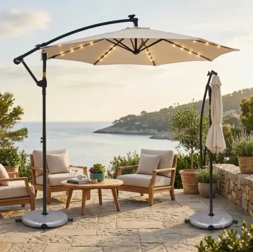Ombrelone Guarda Sol Joyfox 3x3m com LED Solar Base em Piscina Cruz de Luxo.