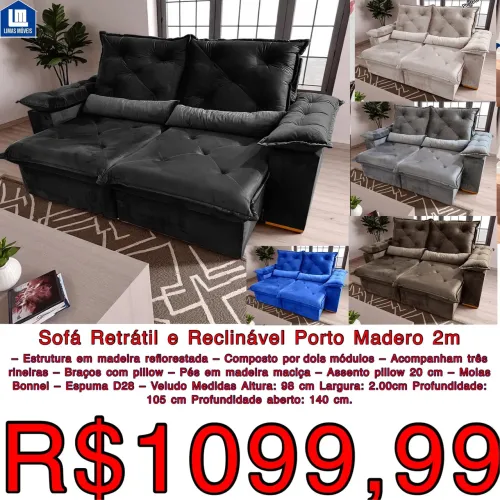 Sofá Retrátil e Reclinável Porto Madeiro 2m D28 molas Bonel