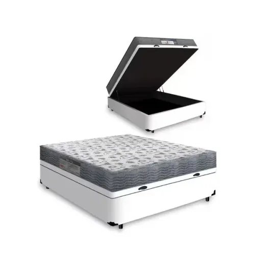 Base Baú Casal Branco com Colchão Casal D33 Ortobom - Entrega Rápida!