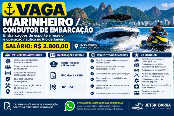Vaga Marinheiro / Condutor de Embarcação - R$ 2.800