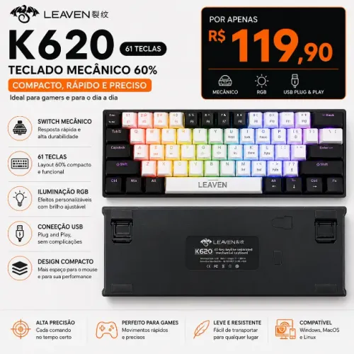 Teclado Mecânico Leaven K620 60% RGB 61 Teclas USB