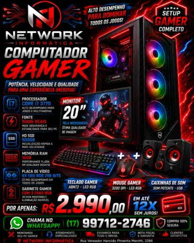 Computador Gamer Core i7 16GB de Ram 512GB de HD Placa de Video RX 580 Monitor de 20"