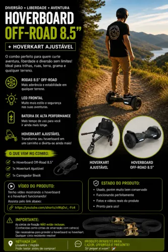 Hoverboard Off-Road 8.5'' Brinovar + Hoverkart Ajustável - Completo e Conservado