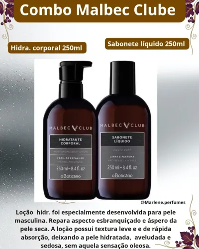 Combo Malbec Clube sabonete líquido 250ml + loção hidratante corporal 250ml