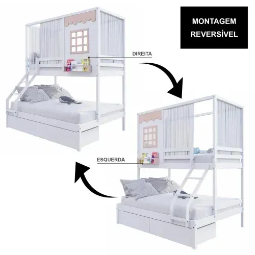 Beliche Casinha Reta Casal/ Solteiro com 02 Gavetas e Cortina Madeira Maciça Branco/ Rosa