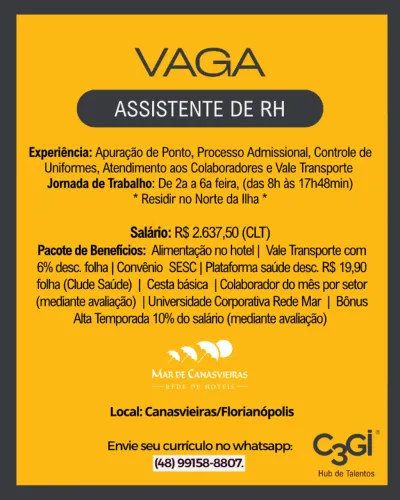 Vaga: Assistente de RH - Bairro: Canasvieiras