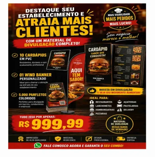 10 cardapios pvc 27x42 cm + 1 wind banner + 5000 panfletos