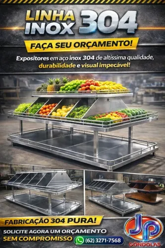 Banca expositor vasca hortifruti em inox e aço + mdf