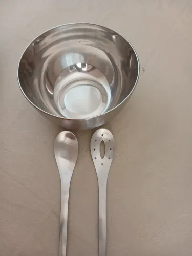 Conjunto Saladeira em Aço Inox La Cuisine + Talheres de Servir