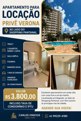 APARTAMENTO PARA ALUGUEL PRIVÊ VERONA** Ao lado do Pantanal Shopping